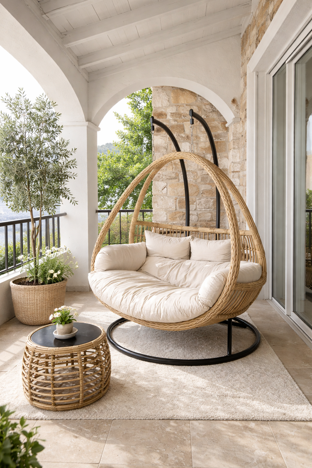 Riviera Rattan Swing Chair with Stool