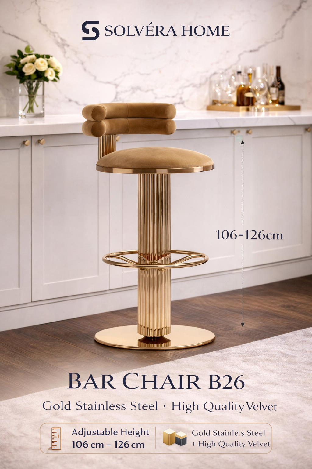 BAR CHAIR B26 Gold Stainless Steel | High Quality Velvet
